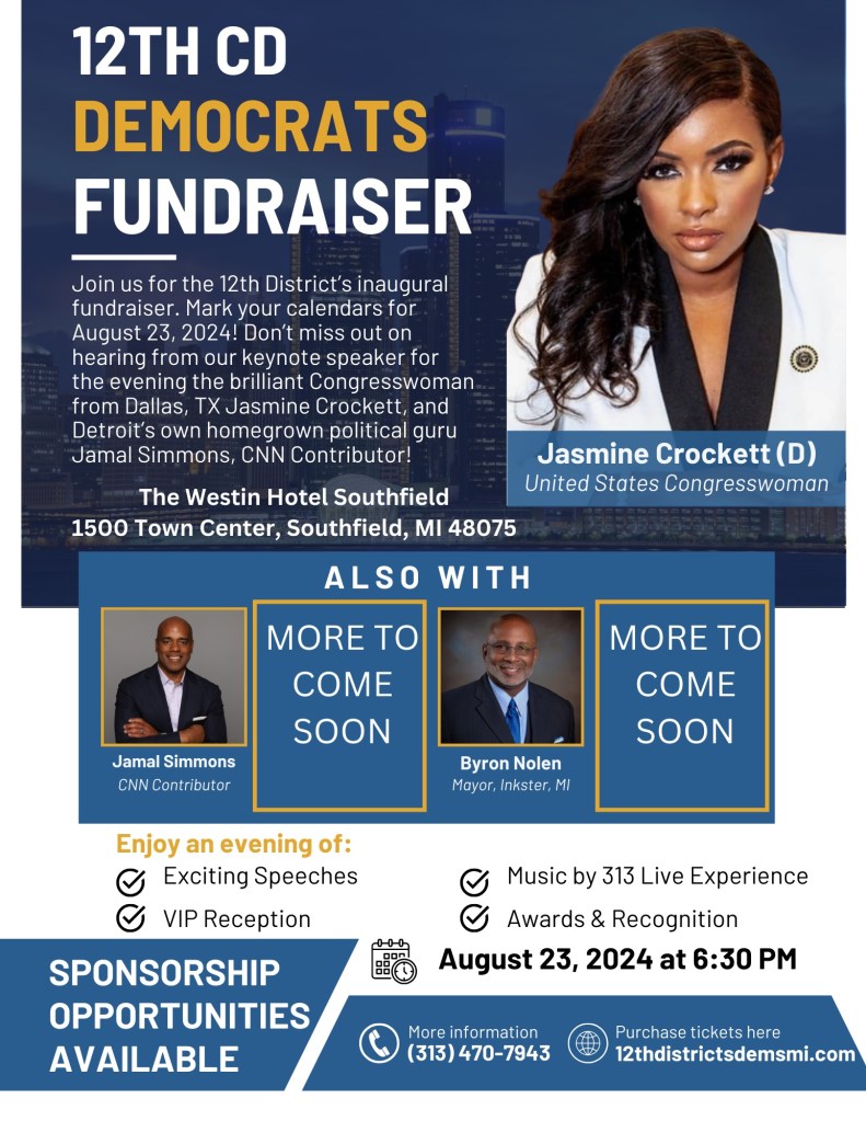 Flyer for August 23 fundraiser for the 12th district featuring Congresswoman Jasmine Crockett.
